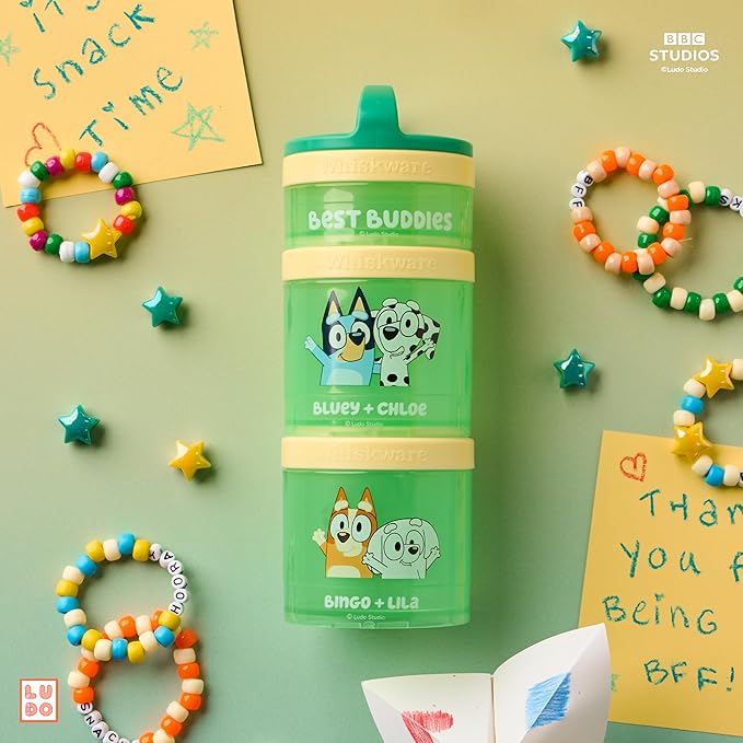 Whiskware Bluey Stackable Snack Containers for Babies, Toddlers, and Kids, 3 Stackable Snack Cups for School and Travel, Cupholder Friendly, Bluey, Chloe, Bingo, and Lila, Best Buddies!