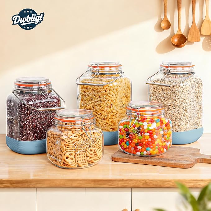 2 Pack Square 1 Gallon Glass Jar with Airtight Lid, Large Mason Jars Wide Mouth 128 Oz with Scale Marks & Handle, Glass Storage Containers with Anti-slip Base for Flour, Oat, Wheat, Cookie Jar