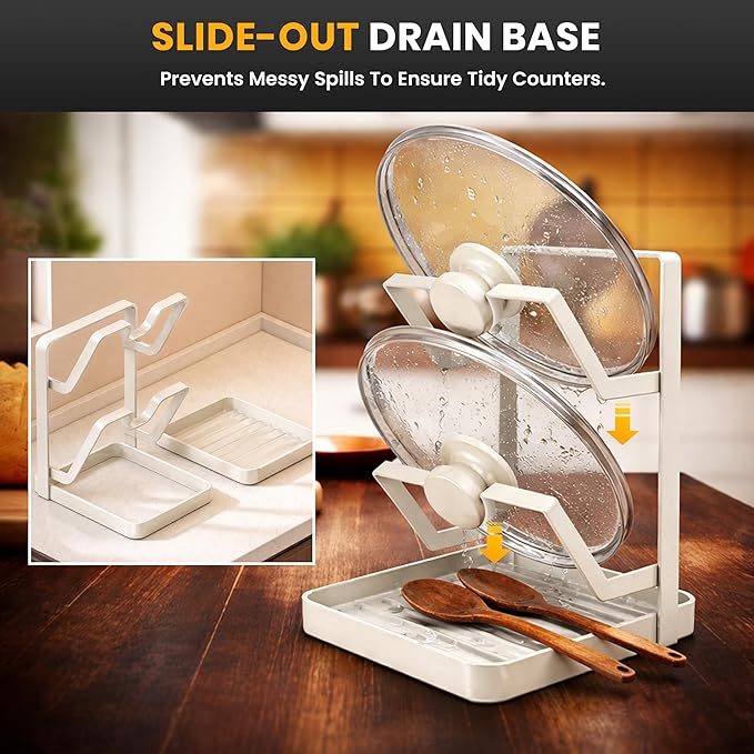 Pot Lid Holder with Removable Drip Tray, Multifunctional Double Layer Pot Lid Organizer for Countertop, Kitchen Pot Lid Storage Rack for Covers, Cutting Boards, Utensils (OFF-White)