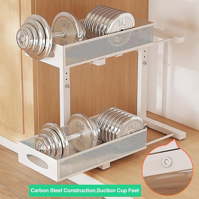 2 Pack Under Sink Pull Out Organizer, 5-Level Adjustable Height to Fit U/L Shape Plumbing Pipes, Carbon Steel 2-Tier Storage Rack for Kitchen Bathroom Cabinet, White