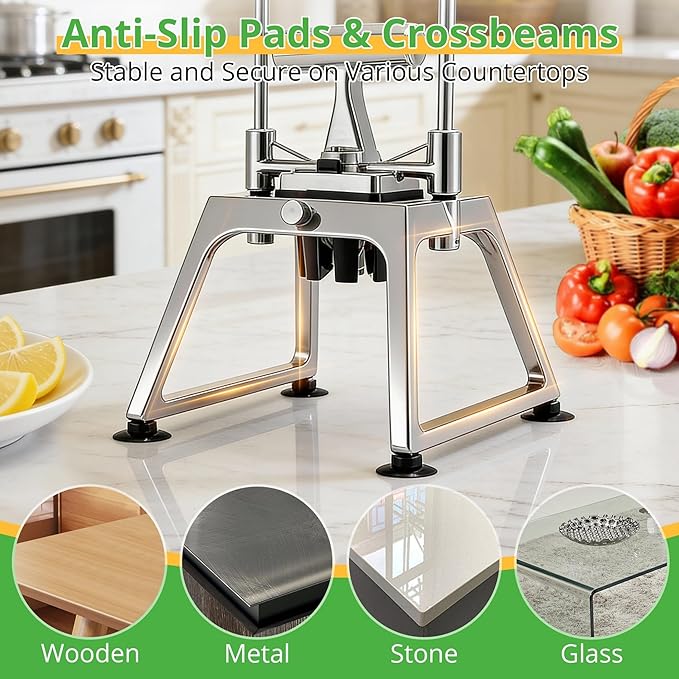 Commercial Vegetable Chopper & French Fry Cutter, Stainless Steel Manual Dicer, 3 Blades (1/4", 3/8", 8-Wedge), Suction Base, Fast Tomato Onion Potato Cutter for Restaurant & Home Kitchen