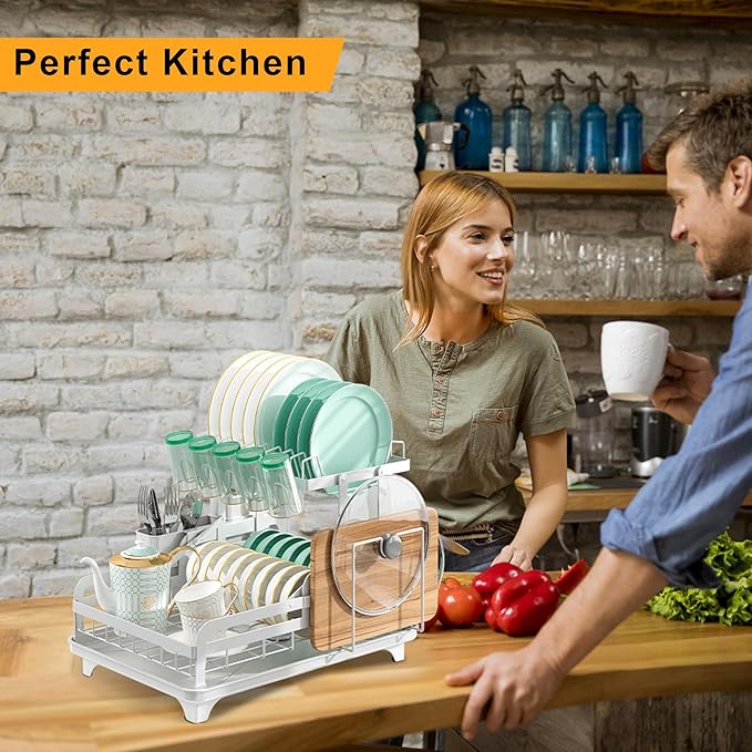 Dish Drying Rack Without Installation 2 Tier Metal Dish Racks for Kitchen Counter for 1-3 People with Drain Board Multifunctional Storage and Drainage Apartment Essentials