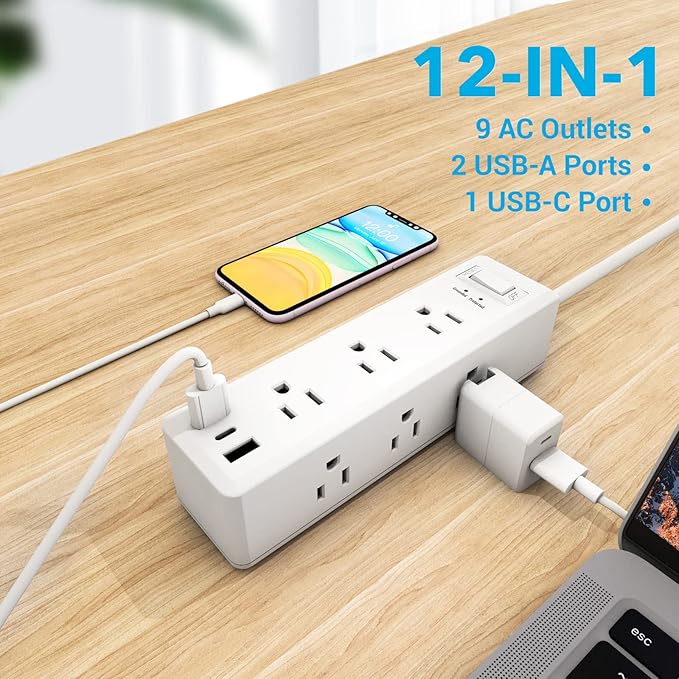 Clear Power 9-Outlet Surge Protector Power Strip with 3 USB Ports(1 USB-C), 5ft Power Cord, Flat Plug, Multi Outlets on 3 Sides, Desktop Charging Station, White, DC3S-1109-DC