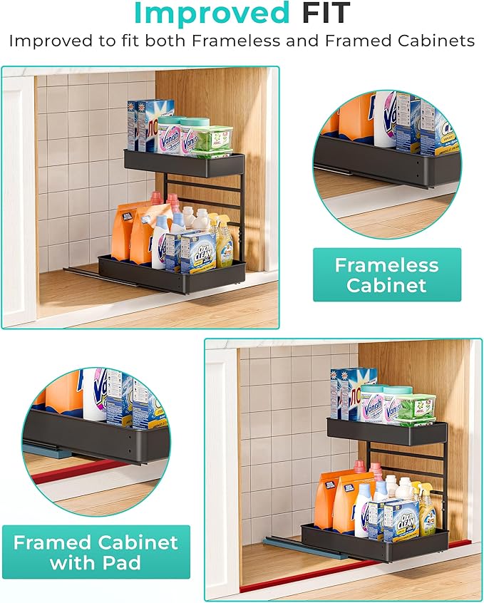 EVERIE Height Adjustable 2 Tier Metal Pull Out Slide Shelf Organizer for Under Sink Cabinets in Kitchen, Bathroom, with Snap-on Top Tray, 16" Deep (Black, 2 Sets) | Pull Out