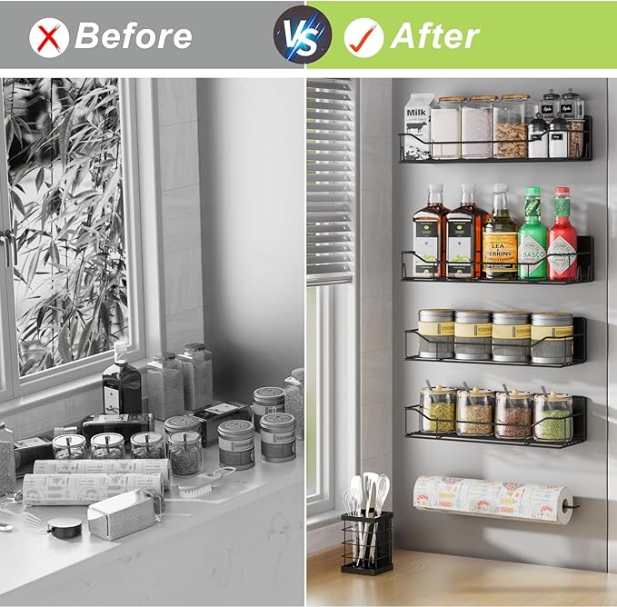 Magnetic Spice Rack for Refrigerator, 6 Pack Strong Magnet Spice Organizer with Paper Towel Holder, Utensil Holder, Moveable Magnetic Fridge Shelf for Kitchen Organization and Storage (Black)
