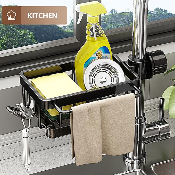 Kitchen Sink Faucet Organizer, Sponge Holder Over Faucet Kitchen Sink Caddy Organizer, Multifunction Organizer Rack for Bathroom, Scrubbers, Soap, Work With 0.7-1.1inch Round Water Pipe (Black, Left)