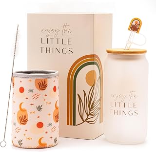Cute Glass Iced Coffee Cup with Lid and Straw, Reusable 16oz Boho Gift