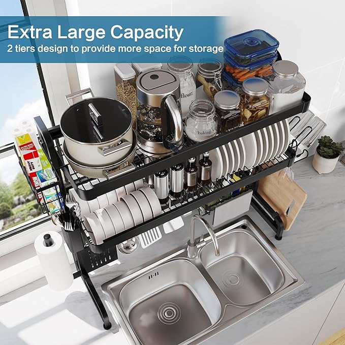 LIVOD Over The Sink Dish Drying Rack,3 Tier Adjustable Length Full Stainless Steel Large Storage Kitchen Dish Rack,for Kitchen Counter Expandable Multifunctional Organizers,Silver(25.5'' to 37.4'')