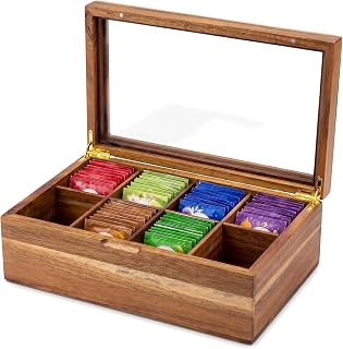 Wooden Tea Bag Organizer with 8 Compartment & Clear Acrylic Window Lid