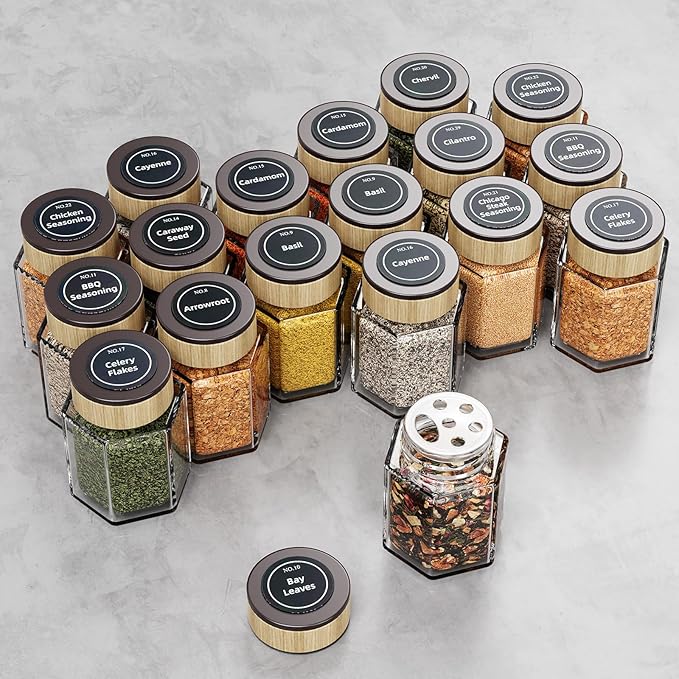 Vetacsion Set of 18 Magnetic Glass Spice Tins with 100 Preprinted Seasoning Label Stickers (Include Black Metal Wall-Plates)