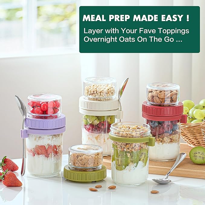 Danmu 4 Pack Overnight Oats Containers with Lids 21 oz (16+5),Dual-Layer Yogurt Parfait Cups with Lids,Meal Prep Containers Glass for Overnight Oats,Yogurt,Parfait,Salad Dishwasher Safe