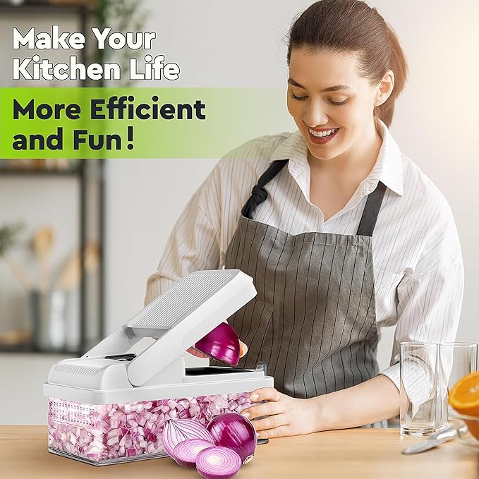 MealHelper 12-in-1 Vegetable Chopper, 7 Blade Veggie Chopper, Practical Food Chopper with Container, Cheese Grater, Home Essentials & Kitchen Gadgets(Black/White)