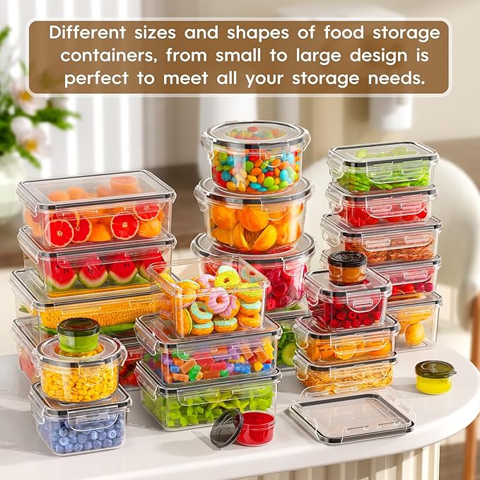 KEMETHY 60 PCS Food Storage Containers with Lids Airtight, Total 737oz, BPA-free, Food-grade, Eco-friendly Material, Leak Proof Plastic Containers, Microwave/Dishwasher Safe
