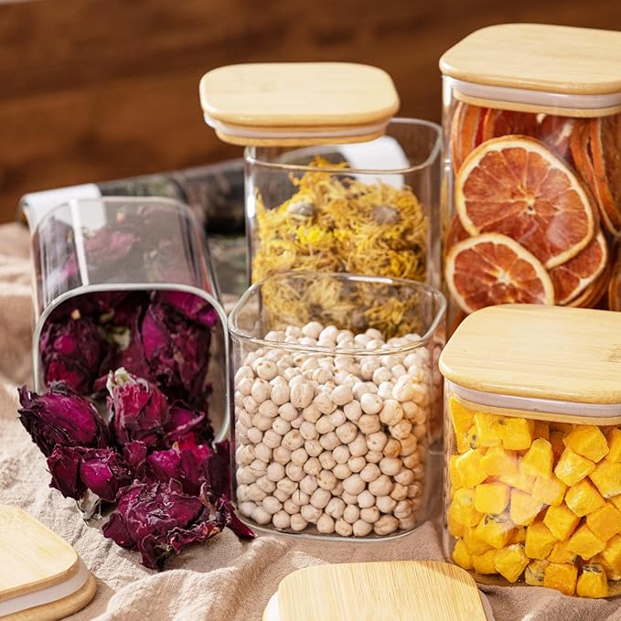 D2scrma Airtight Glass Square Storage Containers with Bamboo Lid Set of 6 (650ml*2/1100ml*2/1500ml*2) Stackable Jars, Kitchen Canister for Pantry Cereal, Nuts, Snacks and Coffee beans