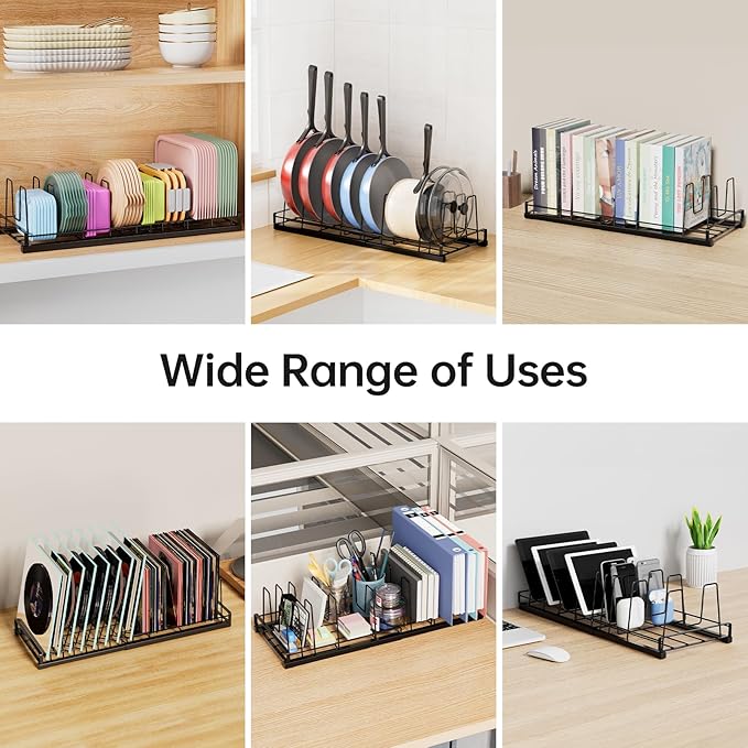 Expandable Food Container Lid Organizer, 9 Adjustable Dividers Sturdy Metal Pot and Pan Organizer Rack for Kitchen Cabinets, Drawers, Pantry Shelves, Countertops, Black, 8.15" Wide
