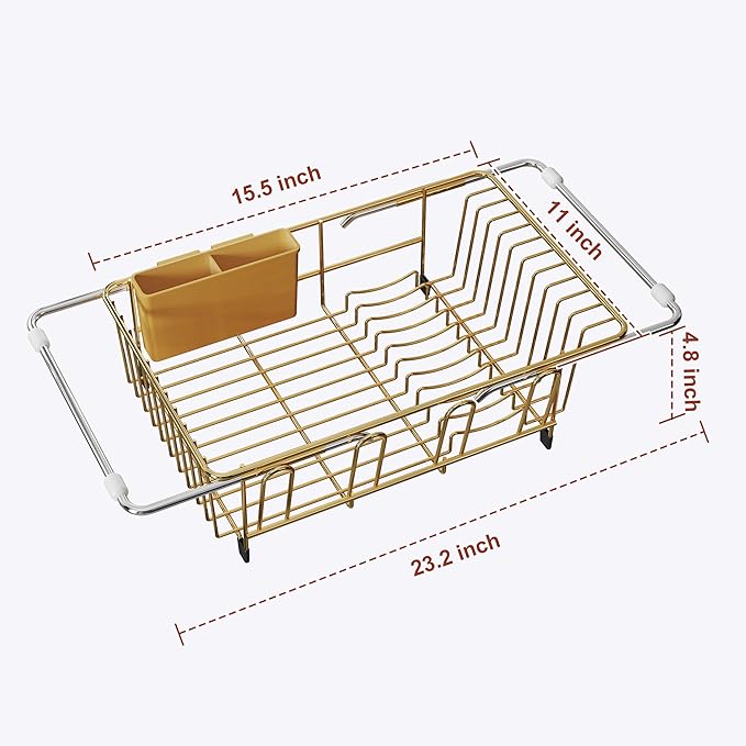 JASIWAY Gold in Sink Dish Drying Rack, Expandable Stainless Steel Small Dish Rack Over Kitchen Sink, Plate Drainer Strainer with Utensil Holder & Cup Holders, Counter Space Saving Wire Dryer Rack