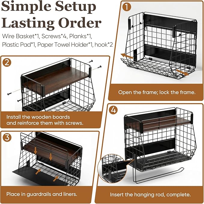 2 Pack Magnetic Spice Rack for Fridge with Paper Towel Holder, Fruit Basket with 4 Hooks for Kitchen Storage and Organizer, Full‑Enclosed Magnetic Shelf 33 lbs for Laundry, Pantry, Coffee Bar and RV