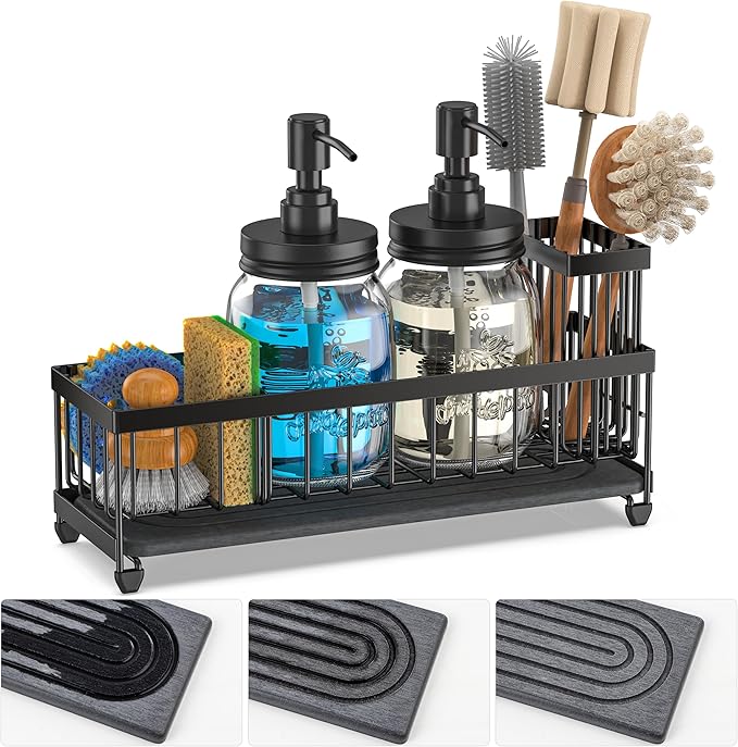 Galasily Mason Jar 16 oz Liquid Soap Dispensers Set with Large Kitchen Sink Caddy, Black Rustproof Stainless Steel Pump, Refill Hand Soap, Dish Soap, Vintage Farmhouse Decor for Bathroom, Kitchen