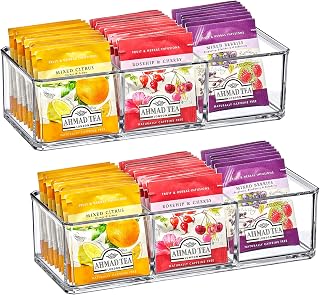 SereniTEA - 2-Pack Acrylic 3-Compartment Tea Bag Organizer, Clear Plastic Tea Box, 3-Slot Tea Chest, Perfect Tea Storage Solution for Kitchen Cabinet, Countertop, Pantry, and More