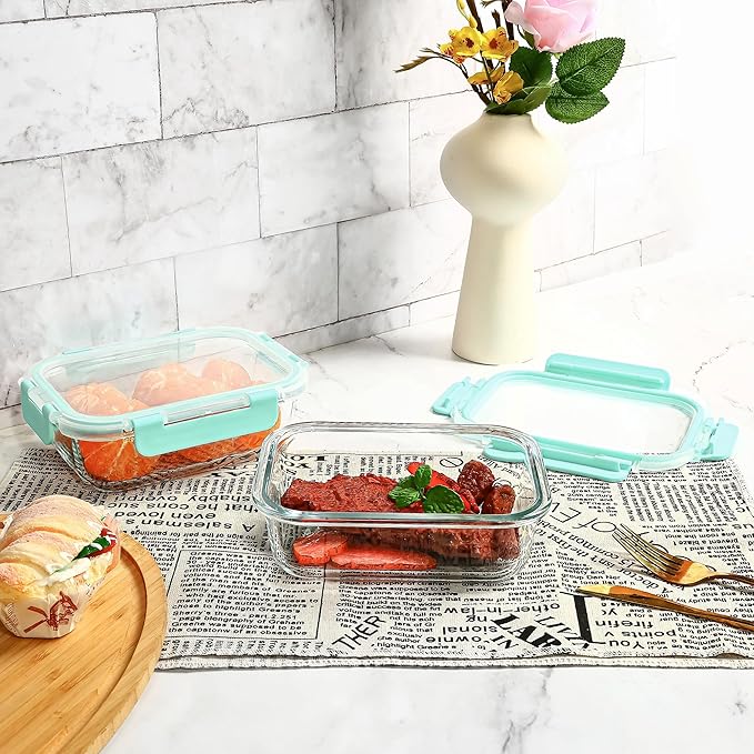Glass Food Storage Containers 10 Pack - 22Oz Meal Prep Container Set with Lid, Airtight Snap Lock, Microwave Freezer Oven Dishwasher Safe, Lunch Box for Work, Mint
