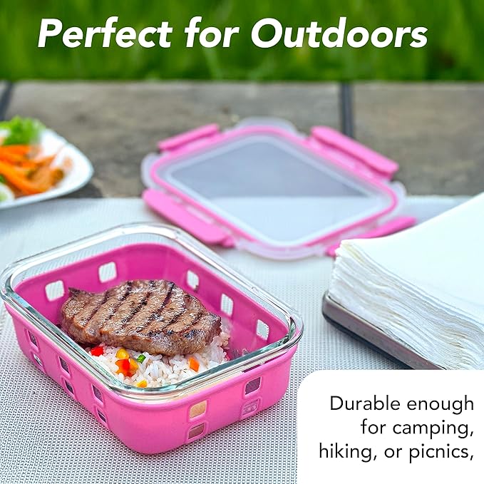 ECOBERI Glass Meal Prep Containers with Silicone Sleeves, 3 Piece 4.5 Cup Set, Borosilicate Glass Food Storage with Leak-Resistant Lids, Oven, Microwave, Freezer and Dishwasher Safe