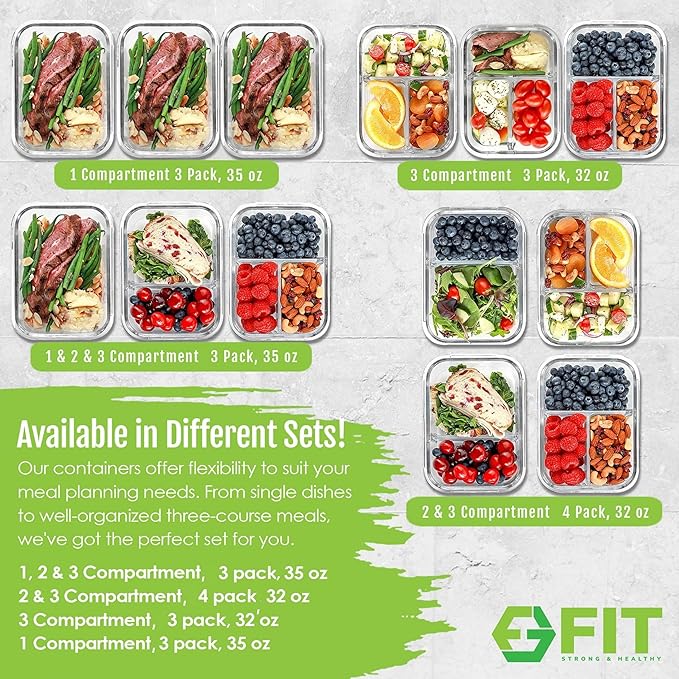 FIT Strong & Healthy Glass Meal Prep Containers, 1 & 2 & 3 Compartments β Adult Bento Box, Beige Food Storage Containers with Lids, Leak-Proof, Oven & Freezer Safe, 35 oz, 3 Pack Lunch Box