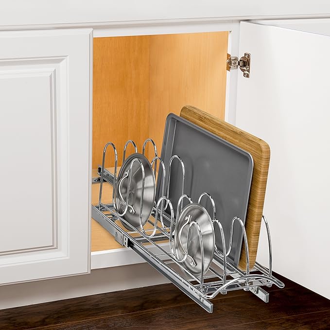 LYNK PROFESSIONAL® Pull Out Pot and Pan Lid Organizer Under Cabinet - Lifetime Ltd. Warranty – Cookie Sheet Organizer for Cabinet – Narrow Slide Out Baking Sheet Organizer Drawer – 7.25W x 21D, Chrome