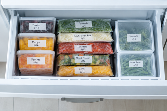 Organized freezer containers and flat-frozen bags with handwritten date labels