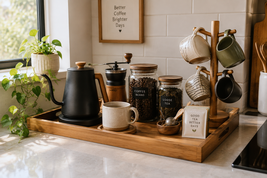 Compact home coffee and tea station with kettle, mugs, and jars on a wooden tray