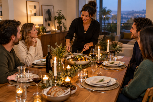 Dinner party table set with plates, glasses, candles, and a shared dish
