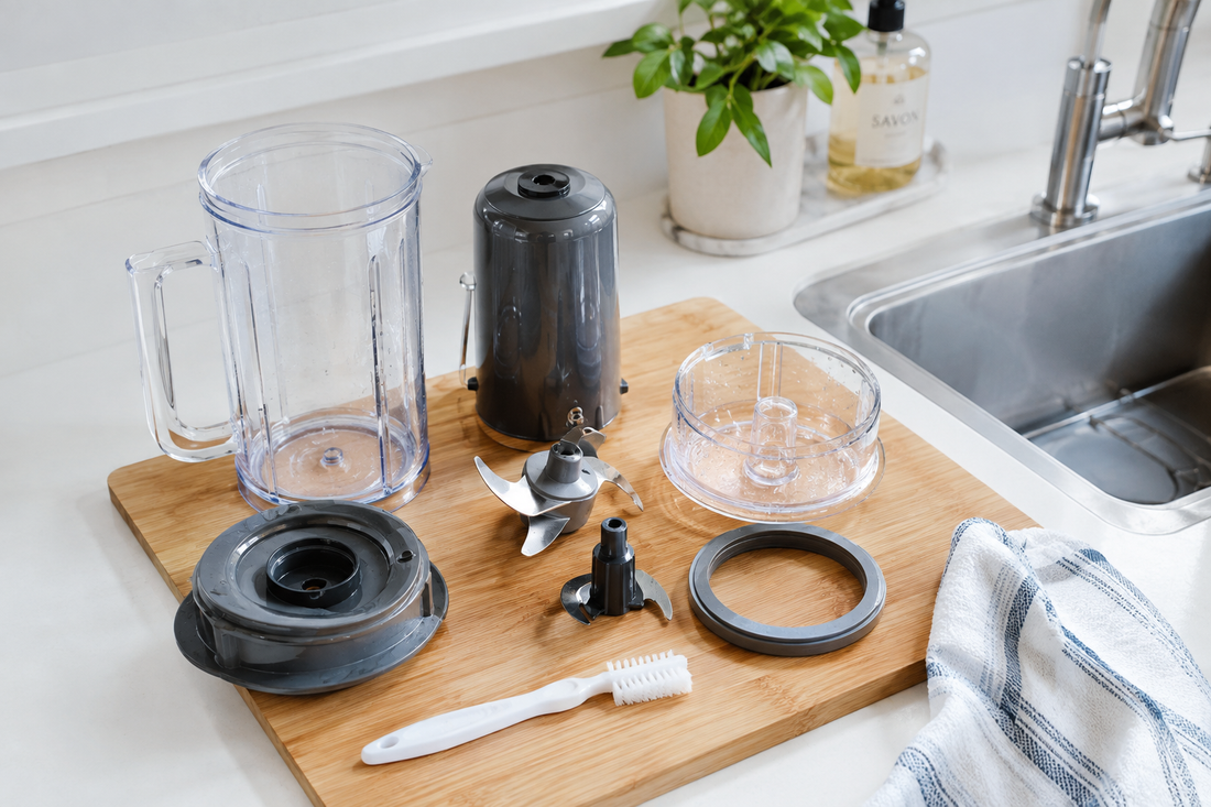 Disassembled kitchen gadget parts drying on a wooden board beside a sink