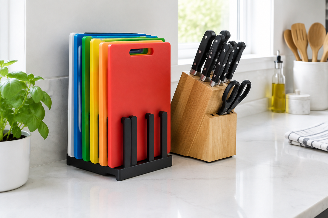 Color-coded cutting boards in a rack beside a knife block on a kitchen counter