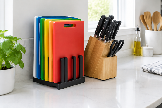 Color-coded cutting boards in a rack beside a knife block on a kitchen counter