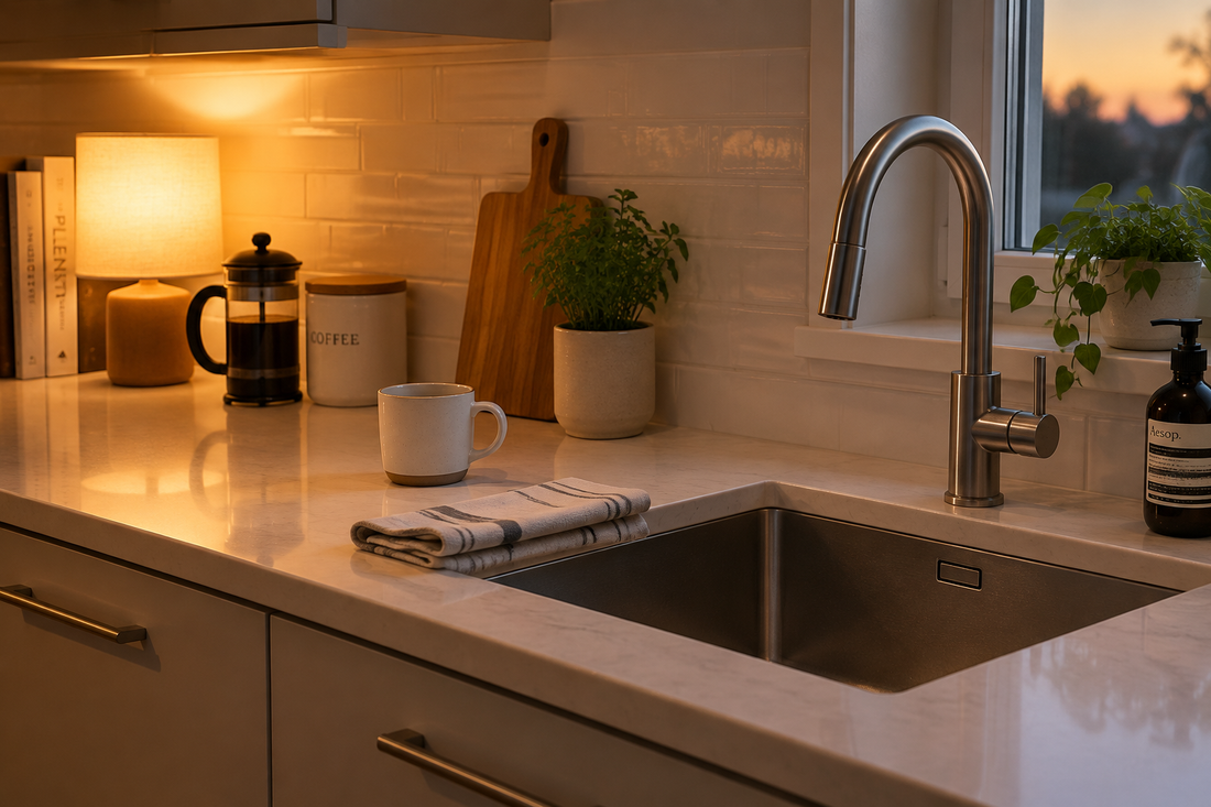 Clean kitchen counter and empty sink under warm evening light