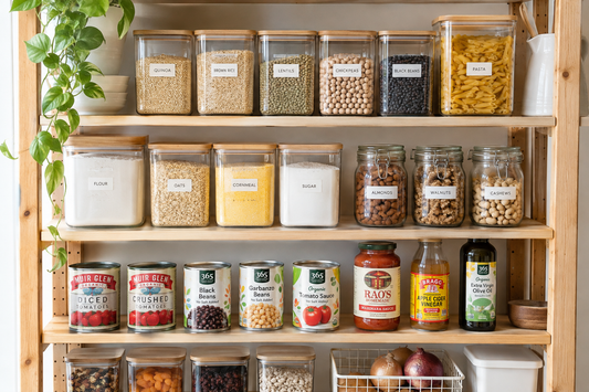 Pantry shelves with clear labeled containers of grains and jars of dry goods