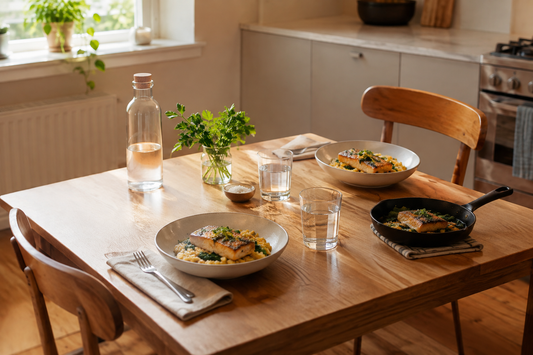 Small table set for two with single-portion home-cooked meals