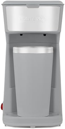 Holstein Housewares Personal Coffee Maker with 14oz Travel Mug – Compact One-Touch Brew Machine with Reusable Filter, Auto Shut-Off, Non-Stick Plate, Ideal for Home, Office, or Dorm. Grey by HolsteinHousewares