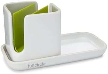 Full Circle Stash, Ceramic Kitchen Sink Caddy, Stylish Modular Sponge Holder & Dish Brush Organizer, Green and White, 11"
