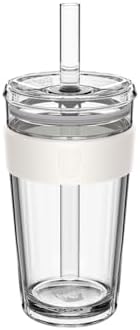Cold Cup Iced Coffee Tumbler, 16 oz Tempered Glass Cup with Removable Tritan Sleeve - Lid and Reusable Straw, Boba and Smoothie Cup, Chalk