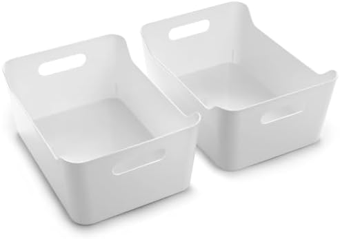 Plastic Storage Bins, Large - 2 Pack, White | THE SOHO COLLECTION | Pantry Organizers and Storage Containers Fridge Organizer Bins Kitchen Cabinet Organizer Medicine Cabinet Bin