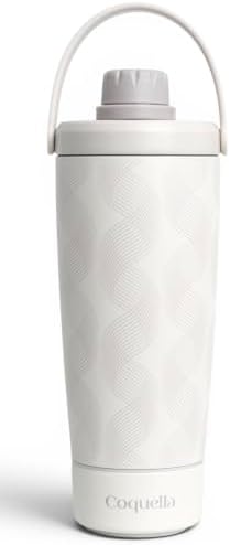 Elanelle 20oz Insulated Stainless Steel Shaker Bottle with Storage Base, Strainer Lid Protein Shaker Cup for Gym, Ball-Free Quiet Mixing, Carry Handle, BPA-Free, Gray (Gray Wave) by Coquella