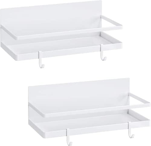 Magnetic Spice Rack, Strong Magnetic Shelf with 4 Removable Hooks, Perfect Space Saver for Small Kitchen/ Apartment, Awesome Metal Cabinet for Holding Spices, Jars, Bottle(White, 2Pack)