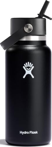 Hydro Flask Water Bottle - Insulated Stainless Steel - Wide Straw Lid, Non Spill, Leakproof in 32 Oz Black
