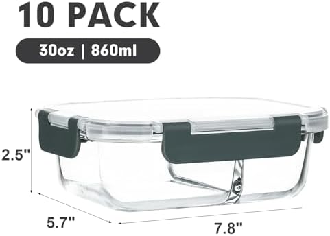 10 Pack,30 oz, 2 Compartments Glass Meal Prep Containers with Lids