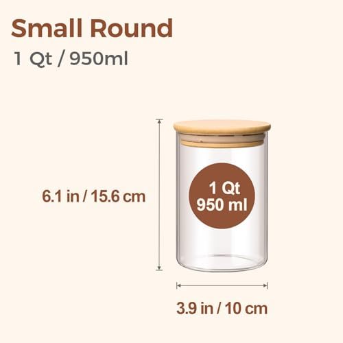 Glass Storage Containers with Lids 1 Qt, Set of 6 Food Storage Jars