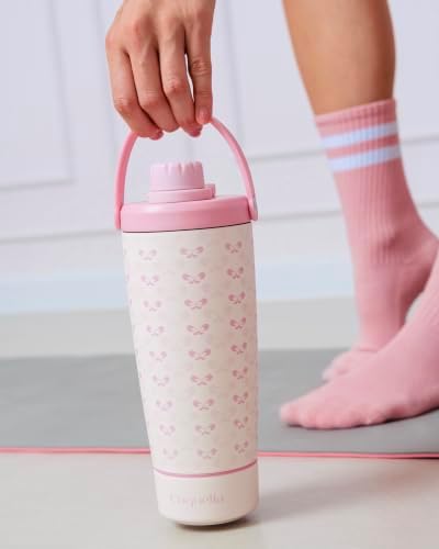 Elanelle 20oz Insulated Stainless Steel Shaker Bottle with Storage Base, Strainer Lid Protein Shaker Cup for Gym, Ball-Free Quiet Mixing, Carry Handle, BPA-Free, Pink/Cream (Cloudy Bow) - Image 6