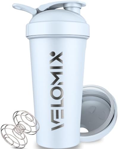 VELOMIX 24oz Stainless Steel Shaker Bottle with Wire Whisk (White) by VELOMIX