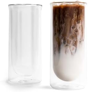 Iced Coffee Glasses (Set of 2) Perfect for Iced Coffee, Cold Brew & Lattes – Double-Walled Borosilicate Glass – For Hot & Cold Drinks – Lightweight & Easy to Clean – 15.5oz (Clear)