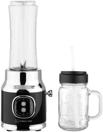 300W Smoothie Maker Blender with 500ml Glass Mason Jar & 600ml BPA-Free Sports Bottle, Personal Smoothie Blender for Smoothies, Shakes, Frozen Fruit & Ice, Black