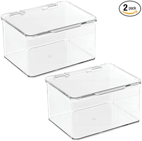 Plastic Kitchen Pantry and Fridge Storage Organizer Box Containers with Hinged Lid for Shelves or Cabinets, Holds Food, Snacks, Canned Drinks, Seasoning, Condiments, or Utensils, 2 Pack, Clear